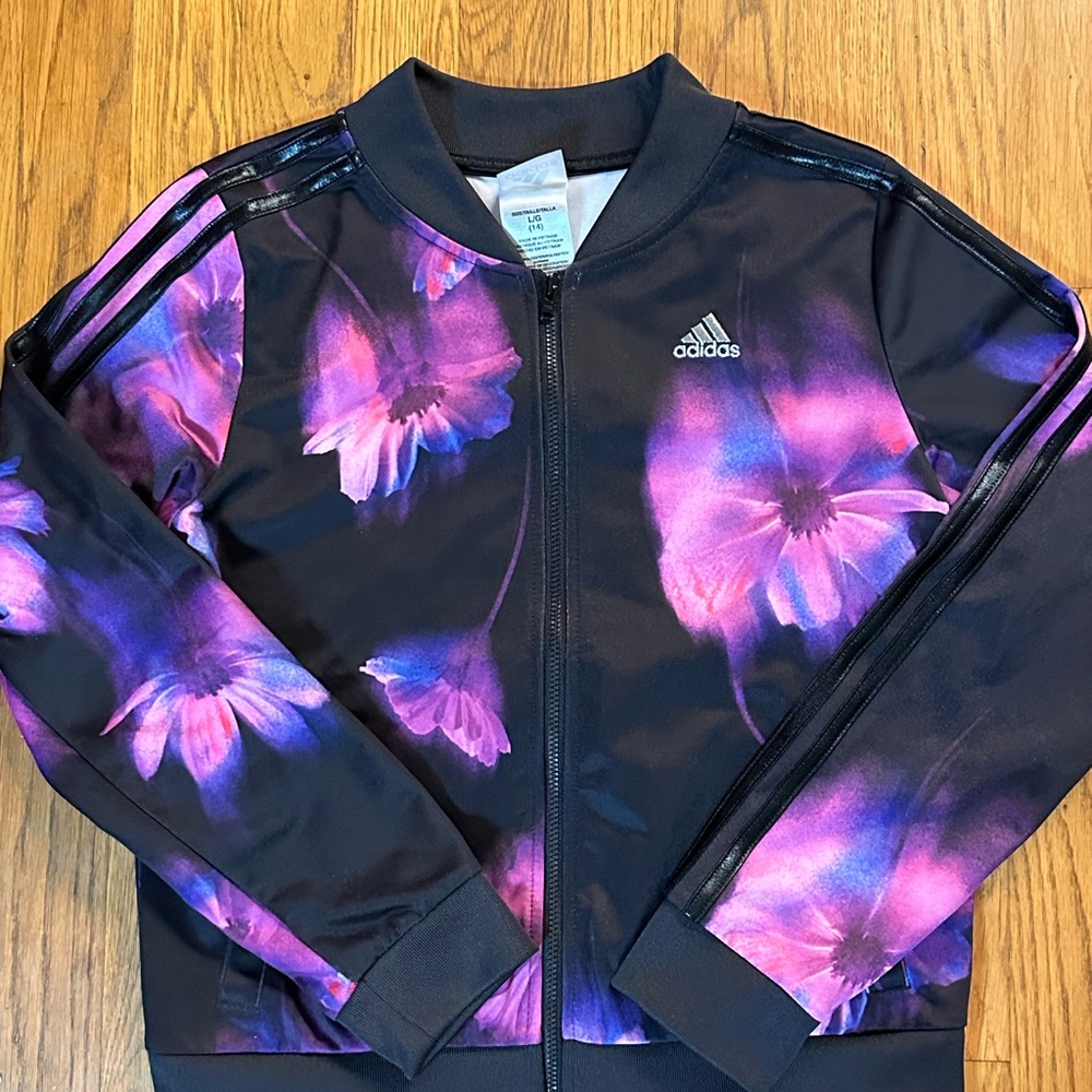 Adidas Girls Track Jacket with Black and Pink Floral Prints